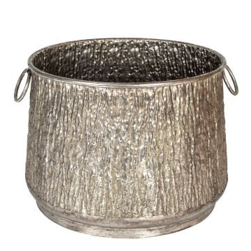 Kabartma Desenli Kulplu Metal Çiçeklik Kazan Saksı Gümüş Eskitme 45x33 Cm.