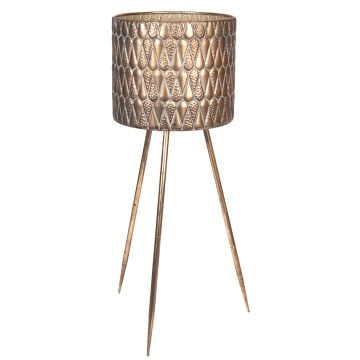 Metal Çiçeklik Saksı, Ayaklı, Kabartma Damla Desenli, Altın Eskitme - 33x88 cm