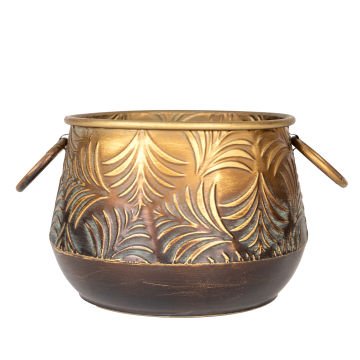 Kabartma Yaprak Desenli Kulplu Metal Çiçeklik Saksı Altın Eskitme 27x18,5 Cm.