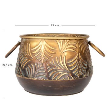 Kabartma Yaprak Desenli Kulplu Metal Çiçeklik Saksı Altın Eskitme 27x18,5 Cm.