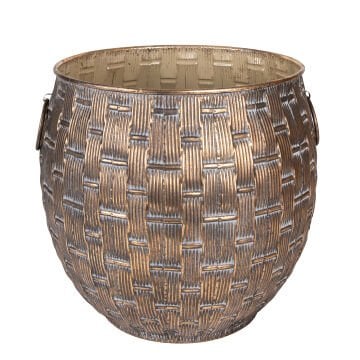 Metal Saksı, Kulplu, Kabartma Desenli, Kahverengi Eskitme - 45x43,5 cm