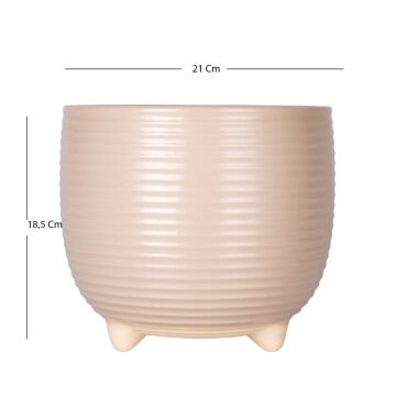 Seramik Saksı Ayaklı Yatay Kabartma Çizgili Krem 21x18,5 Cm.