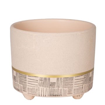 Seramik Saksı Gold Şeritli Desenli Bej 12x10 Cm.