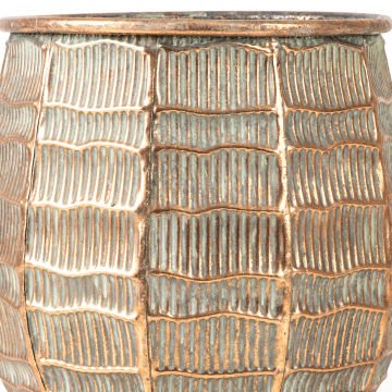 Kabartma Çizgi Desenli Metal Çiçeklik Saksı Bakır Eskitme-Gri 24x23x24 Cm.