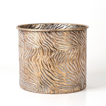 Dalga Desenli Ayaklı Silindir Metal Çiçeklik Saksı Altın Eskitme 26x32,5 Cm.