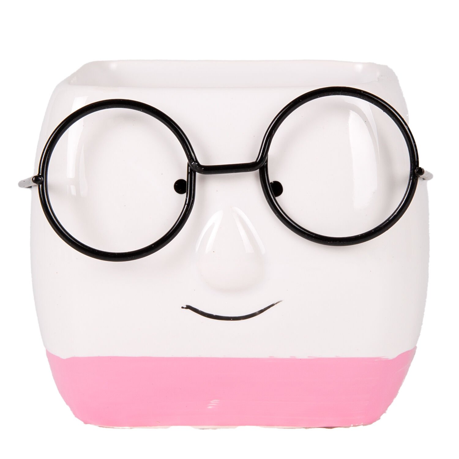 Seramik Saksı Gözlüklü Beyaz-Pembe 7x7 Cm.