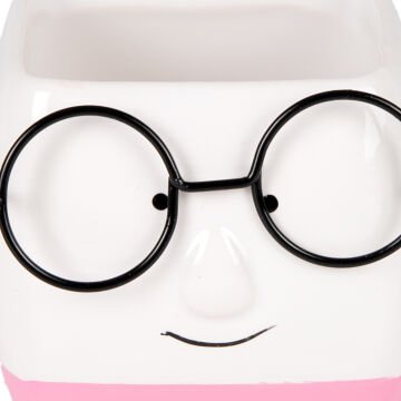 Seramik Saksı Gözlüklü Beyaz-Pembe 7x7 Cm.