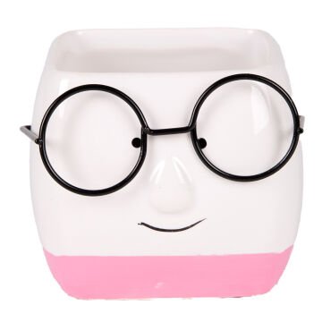 Seramik Saksı Gözlüklü Beyaz-Pembe 7x7 Cm.