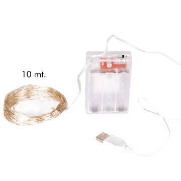 Yılbaşı Led-Peri Işık 100 Ledli USB Girişli+Pilli Şeffaf Kablo 10 Metre Beyaz Işık