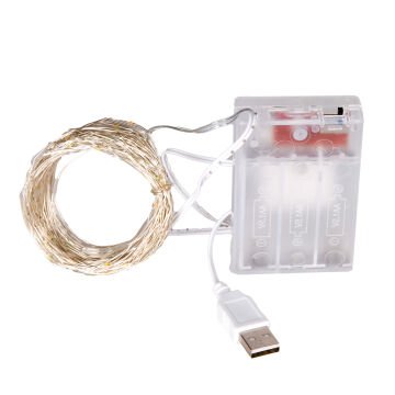 Yılbaşı Led-Peri Işık 100 Ledli USB Girişli+Pilli Şeffaf Kablo 10 Metre Gün Işığı