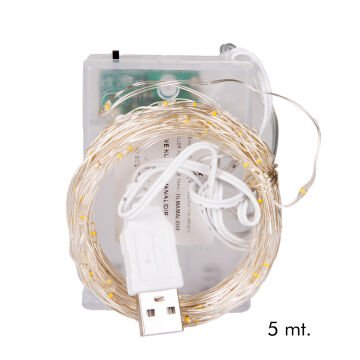 Yılbaşı Led-Peri Işık 100 Ledli USB Girişli+Pilli Şeffaf Kablo 10 Metre Gün Işığı