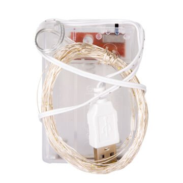 Yılbaşı Led-Peri Işık 50 Ledli USB Girişli+Pilli Şeffaf Kablo 5 Metre Beyaz Işık