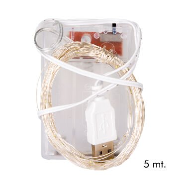 Yılbaşı Led-Peri Işık 50 Ledli USB Girişli+Pilli Şeffaf Kablo 5 Metre Beyaz Işık