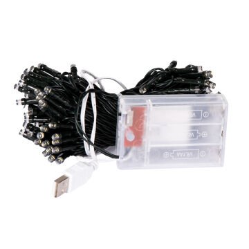 Yılbaşı Led Işık 100 Ledli USB Girişli+Pilli Yeşil Kablo 10 Metre Beyaz Işık