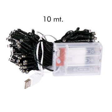 Yılbaşı Led Işık 100 Ledli USB Girişli+Pilli Yeşil Kablo 10 Metre Beyaz Işık