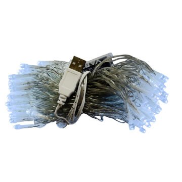 Yılbaşı Led Işık 100 Ledli USB Girişli+Pilli Şeffaf Kablo 10 Metre Beyaz Işık