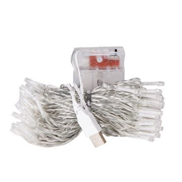 Yılbaşı Led Işık 100 Ledli USB Girişli+Pilli Şeffaf Kablo 10 Metre Beyaz Işık