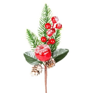 Yılbaşı Süsü, Pike Berry, Kırmızı-Yeşil - Karlı, Çift Kozalaklı, Elmalı, 25 cm