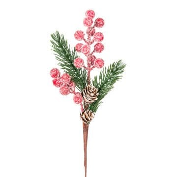 Yılbaşı Süsü, Pike Berry, Kırmızı-Yeşil - Karlı, Kozalaklı, 30 cm