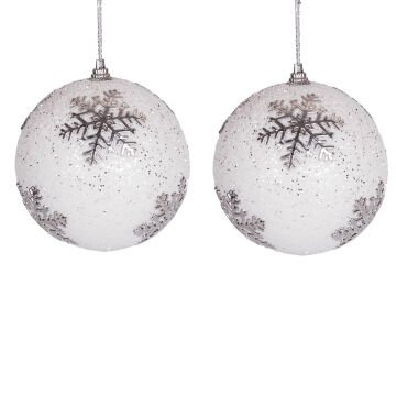 Yılbaşı Topu, Beyaz Simli, Kar Tanesi Figürlü, Gümüş - 2'li Paket, 9 cm