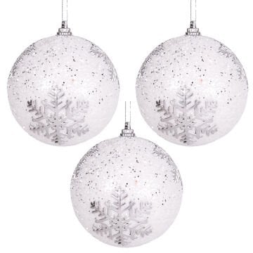 Yılbaşı Topu, Beyaz Simli, Kar Tanesi Figürlü, Gümüş - 3'lü Paket, 7 cm