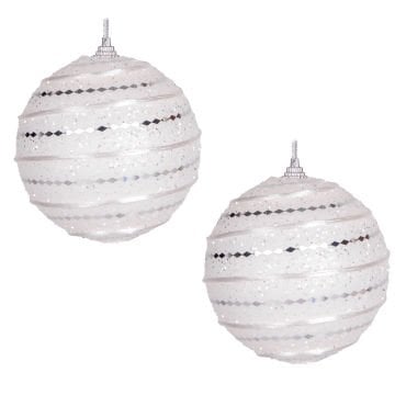 Yılbaşı Topu, Gümüş Desenli, Beyaz - 2'li Paket, 9 cm