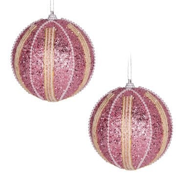 Yılbaşı Topu, Şerit İnci Boncuk Figürlü, Pembe - 2'li Paket, 9 cm