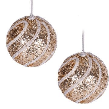 Yılbaşı Topu, Pullu, Beyaz Simli Dantel Şeritli, Şampanya - 2'li Paket, 9 cm