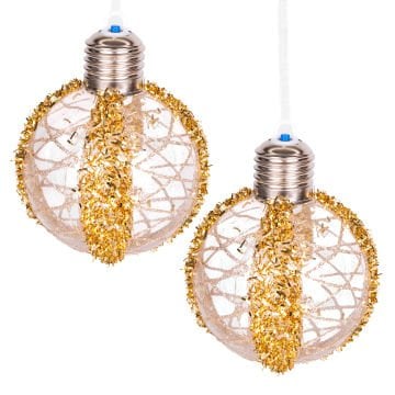 Yılbaşı Topu, Ampul, Led Işıklı, Simli, Desenli, Gold - 2'li Paket, 7 cm