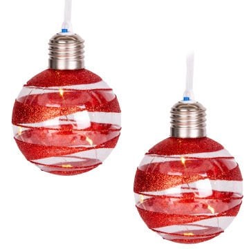 Yılbaşı Topu, Ampul, Led Işıklı, Gold Simli, Kırmızı - 2'li Paket, 7 cm