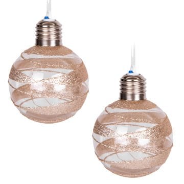 Yılbaşı Topu, Ampul, Led Işıklı, Gold Simli, Şampanya - 2'li Paket, 7 cm