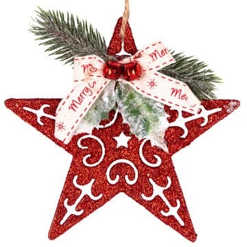 Yılbaşı Süsü, Yıldız, Yılbaşı Dekorlu, Simli, Kırmızı - 10x13 cm