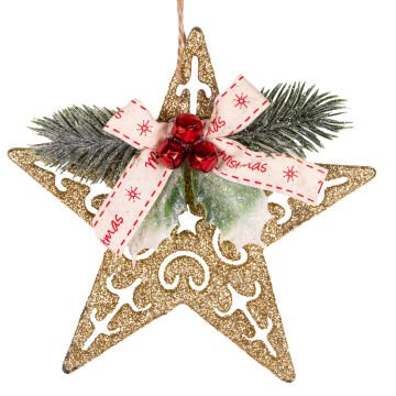 Yılbaşı Süsü, Yıldız, Yılbaşı Dekorlu, Simli, Gold - 10x13 cm