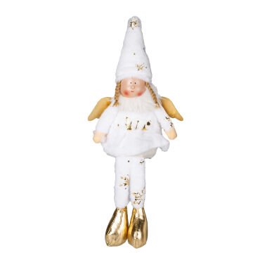 Yılbaşı Süsü, Oturan Kanatlı Peri Figürü, Beyaz - Gold Ayakkabılı, 17x53 cm