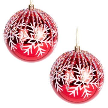 Yılbaşı Topu, Renkli Pullu, Beyaz Kar Taneli, Kırmızı - 2'li Paket, 10 cm