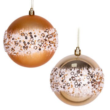Yılbaşı Topu, Beyaz Boncuk ve Gold Halka Desenli, Gold - 2'li Paket, 10 cm