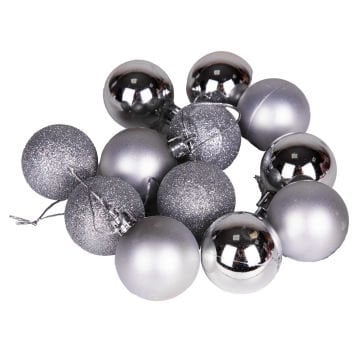 Yılbaşı Topu, Simli Mat Parlak, Gümüş - 12'li Set, 4 cm