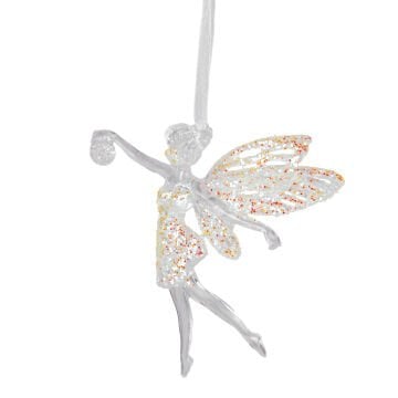 Yılbaşı Süsü, Peri, Şeffaf - Asmalı, Akrilik Cam, Simli Kanatlı, Simli Elbiseli, Top Tutan, 11,5x12 cm