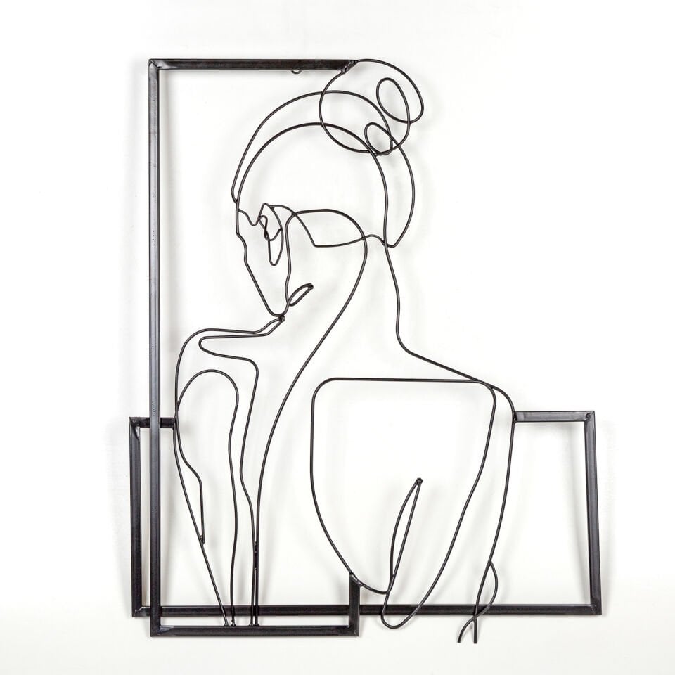 Metal Duvar Panosu, Sırtı Dönük Kadın Figürlü, Siyah - 56x69x3 cm
