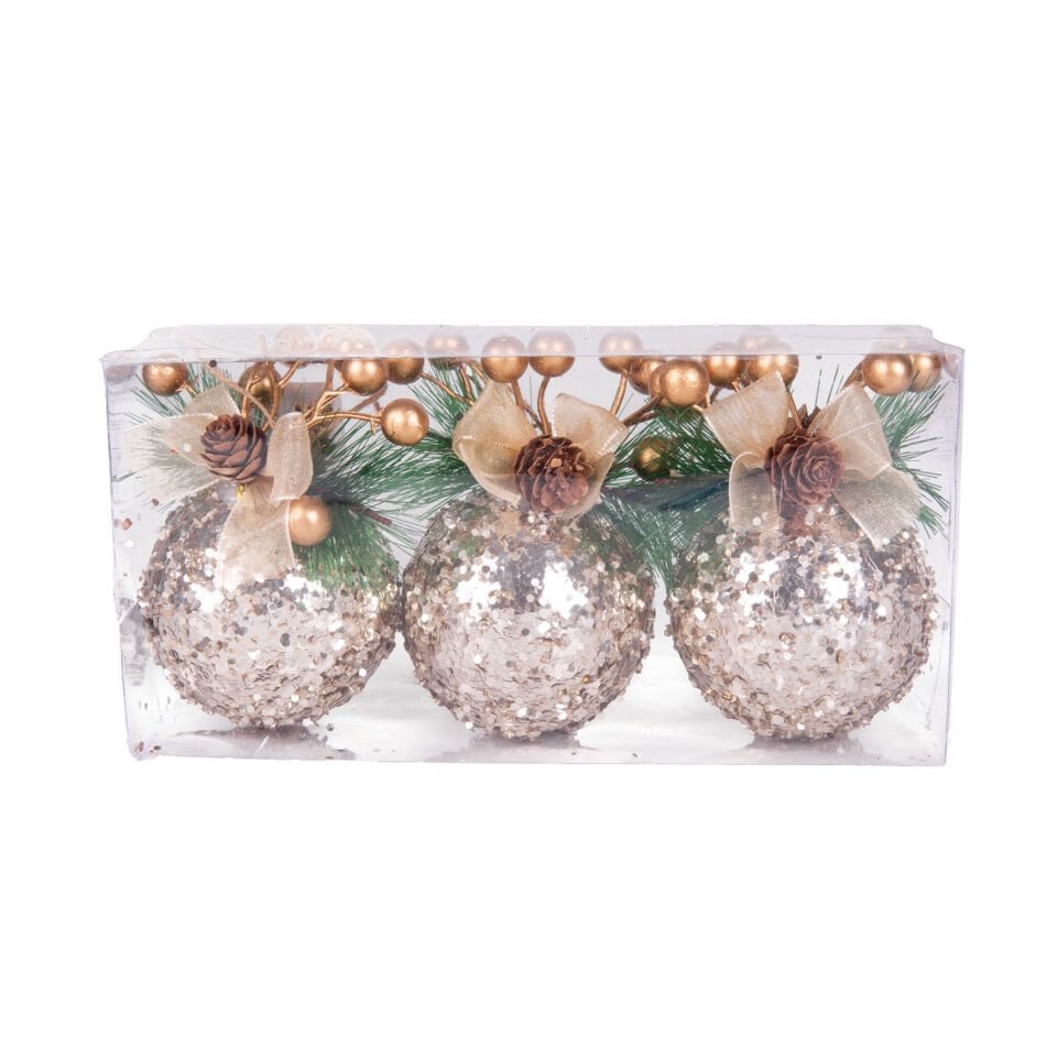 Yılbaşı Ağaç Süsü, Yılbaşı Topu, Şampanya - 3'lü Set, 8 cm