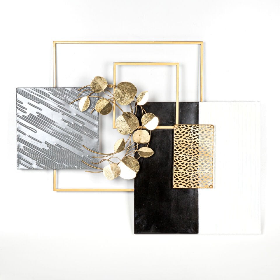 Metal Duvar Panosu, Gold-Siyah-Beyaz - 98x78x8 cm