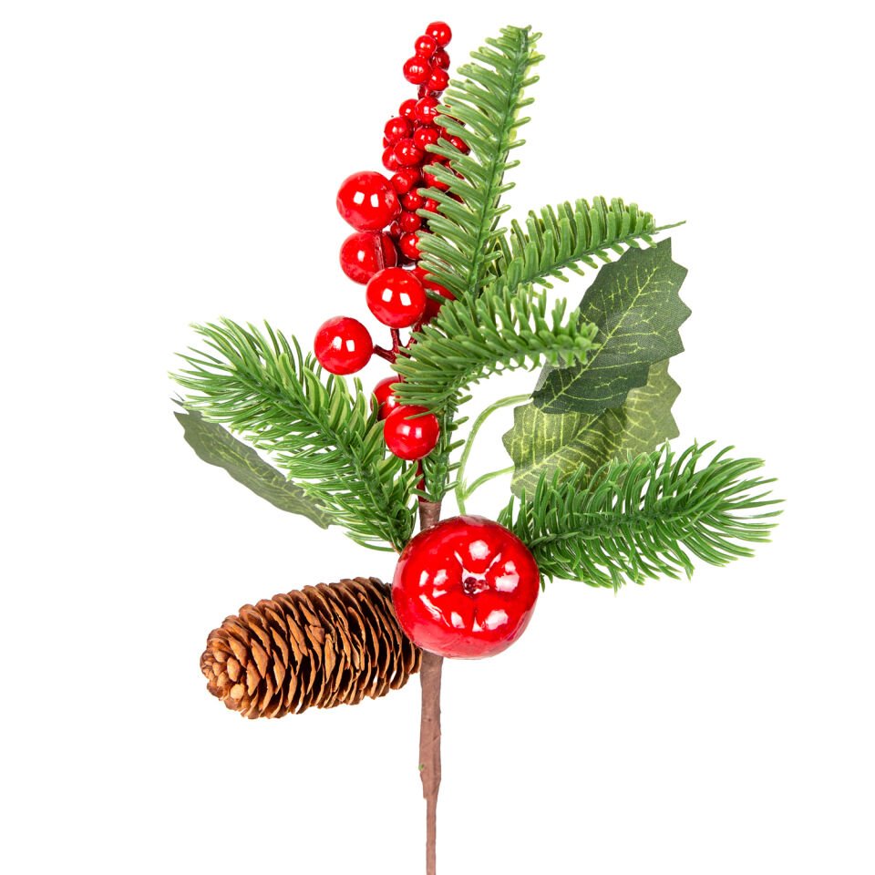 Yılbaşı Süsü, Pike Berry, Kırmızı-Yeşil - Kozalaklı, Elmalı, 28 cm