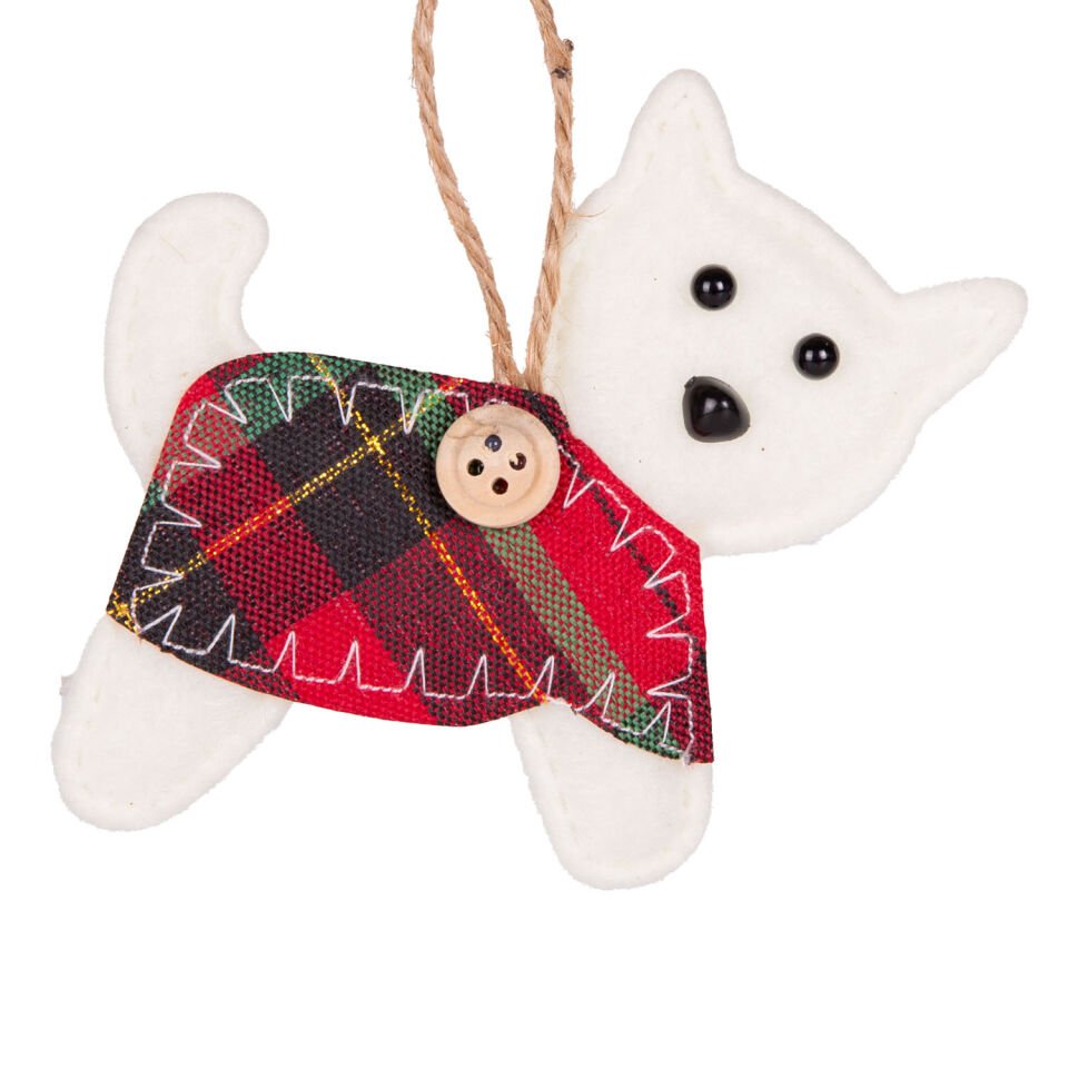 Yılbaşı Süsü, Köpek, Ekose Elbiseli, Kedi, Beyaz - 10 cm