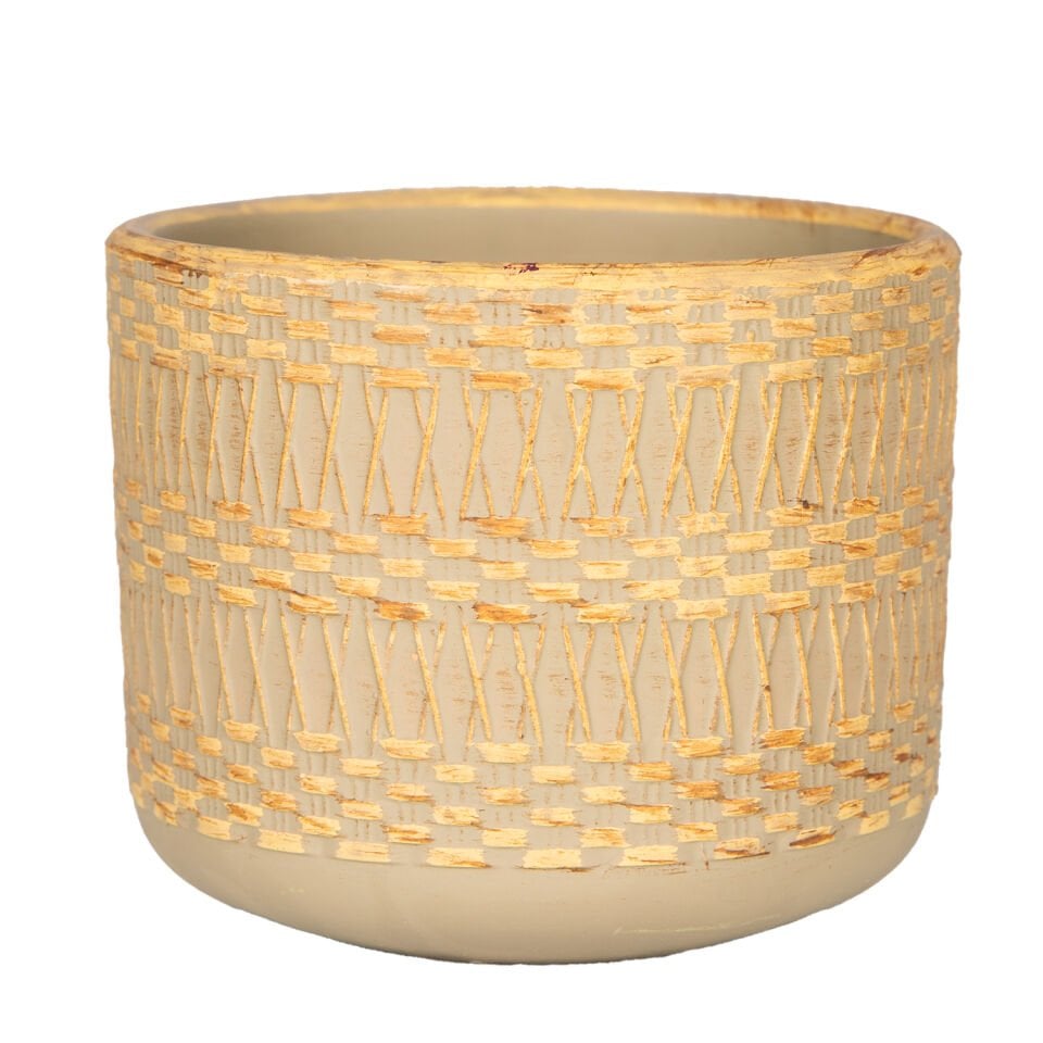 Seramik Saksı, Otantik Kabartma Desenli, Sarı-Bej - 10x8 cm