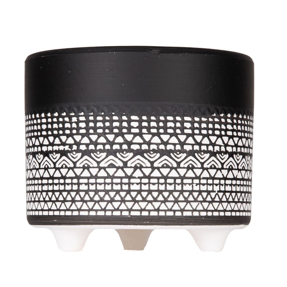 Seramik Saksı, Ayaklı, Otantik Desenli, Siyah-Beyaz - 12x10 cm