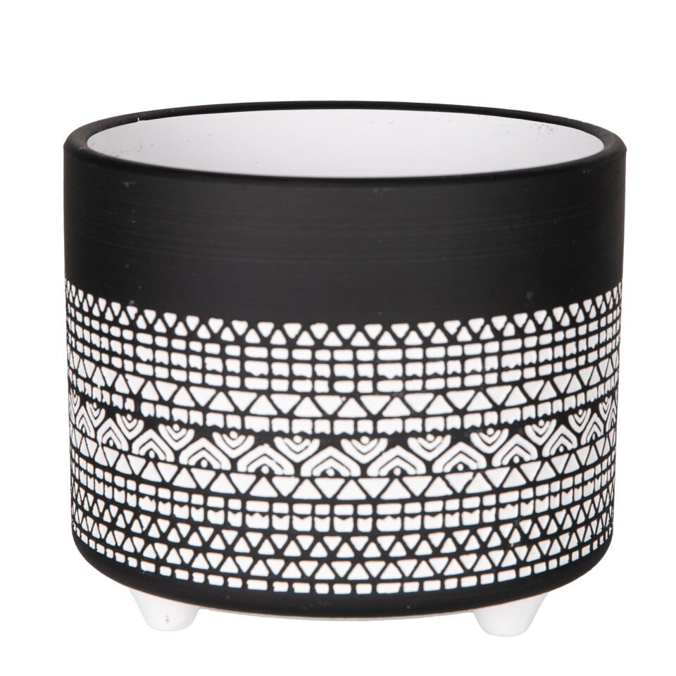 Seramik Saksı, Ayaklı, Otantik Desenli, Siyah-Beyaz - 14x12 cm