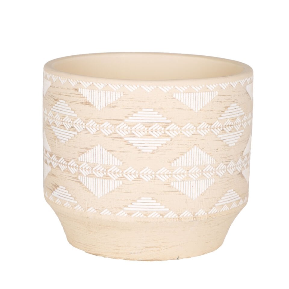Seramik Saksı, Otantik Desenli, Bej-Beyaz - 12x10 cm