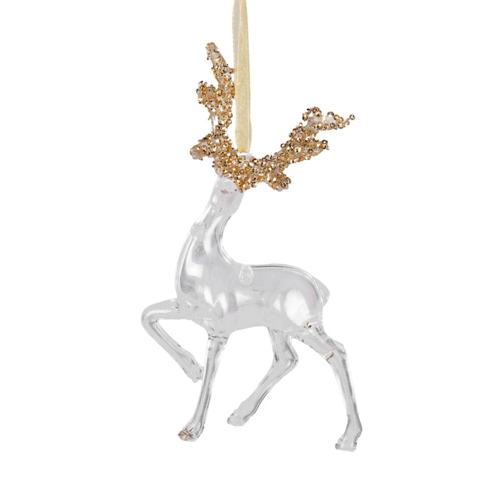 Yılbaşı Süsü, Geyik, Şeffaf-Gold - Asmalı, Akrilik Cam, Simli Boynuzlu, 10x16 cm
