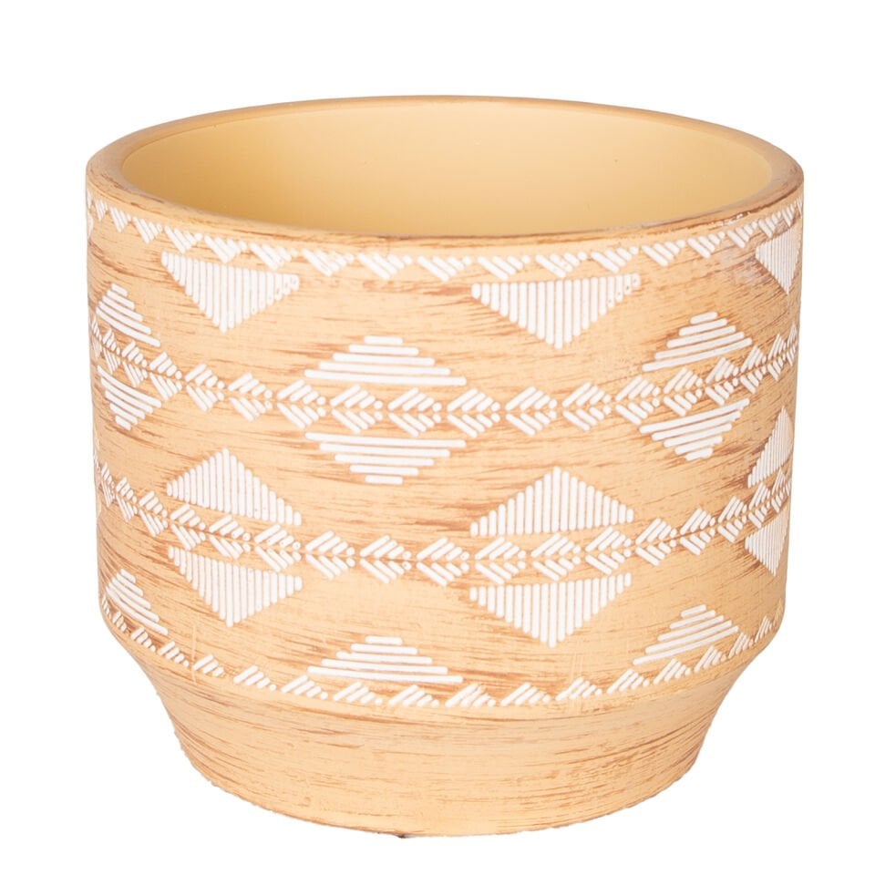 Seramik Saksı, Otantik Desenli, Krem-Beyaz - 12x10 cm