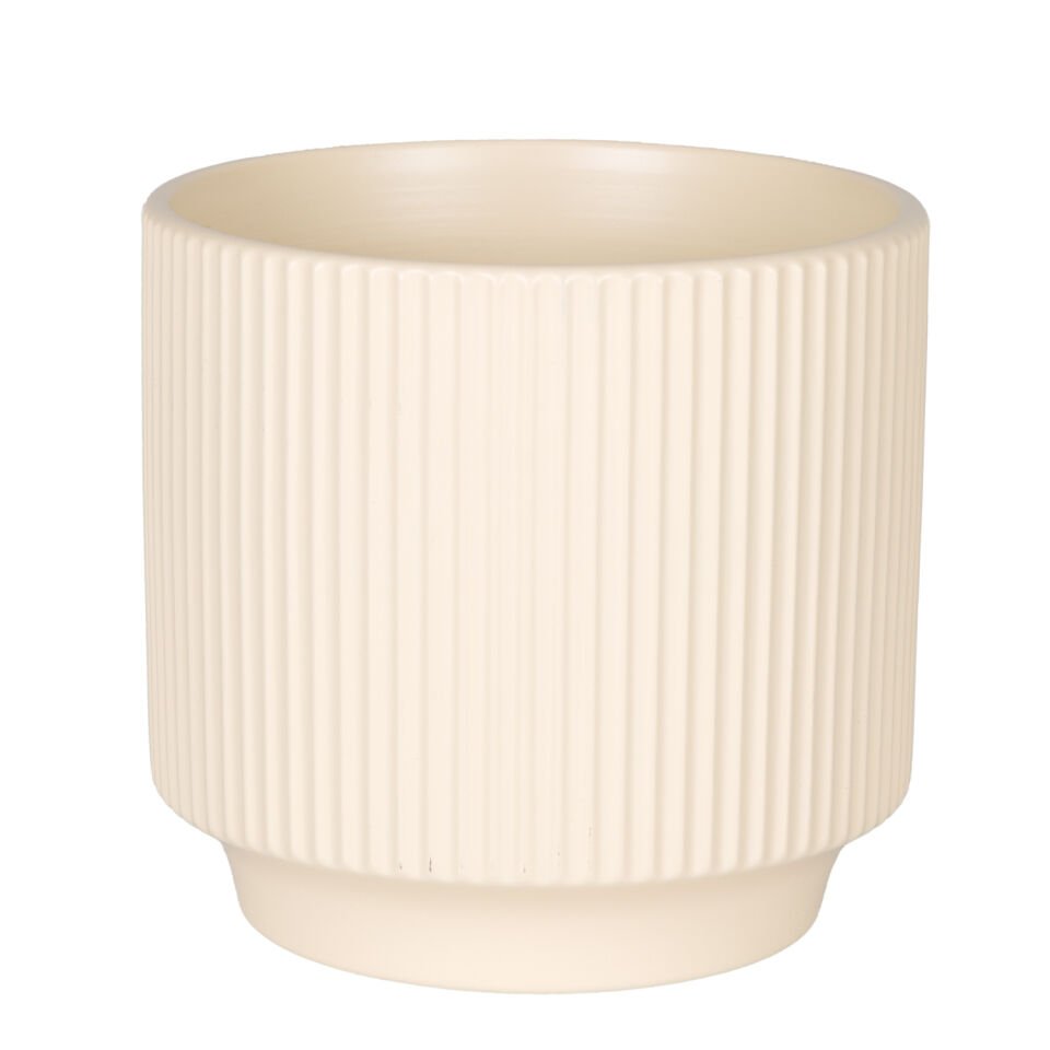 Seramik Saksı, Dikey Kabartma Çizgili, Krem - 12,5x12 cm